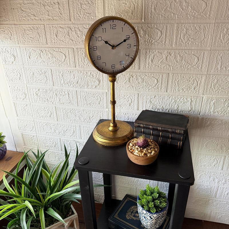 Things2Die4 Pedestal Table Clock with Dial, 15 Inch Tall Antique Gold Metal Image 5