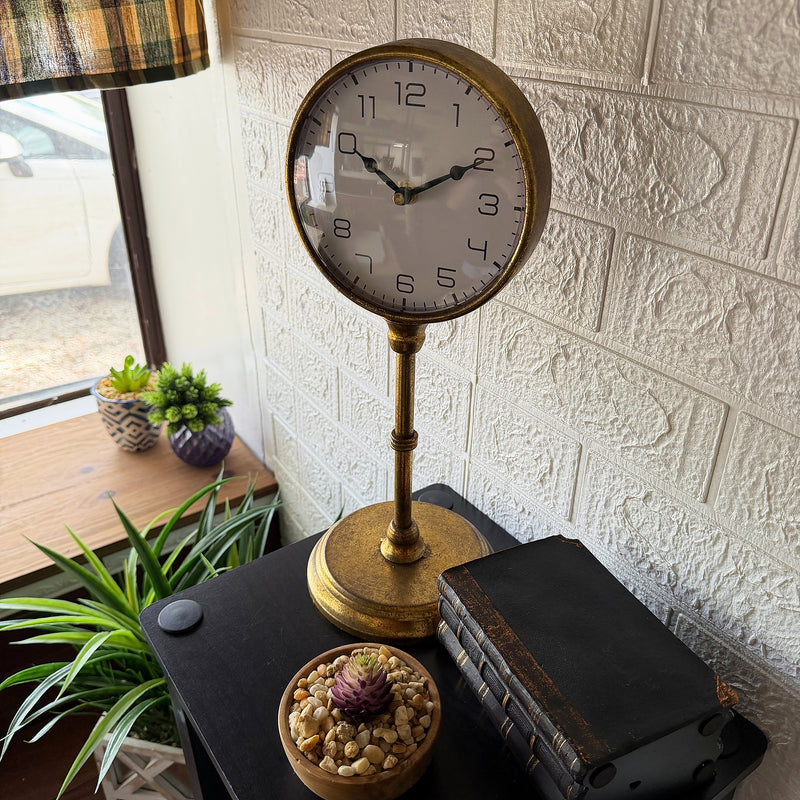 Things2Die4 Pedestal Table Clock with Dial, 15 Inch Tall Antique Gold Metal Image 6