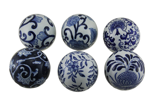6 Piece Set of Blue and White Toile Inspired Decorative Spheres 3 Inch Image 1