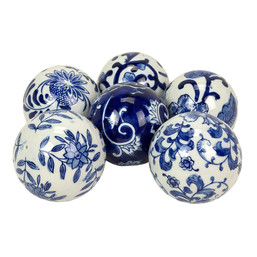 6 Piece Set of Blue and White Toile Inspired Decorative Spheres 3 Inch Image 2