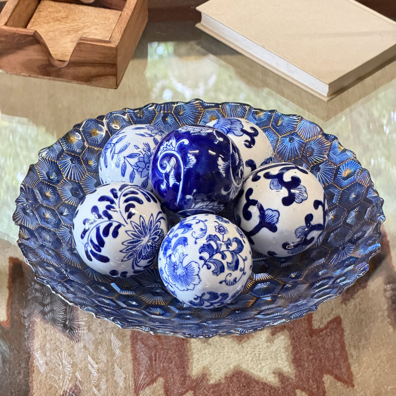 6 Piece Set of Blue and White Toile Inspired Decorative Spheres 3 Inch Image 4
