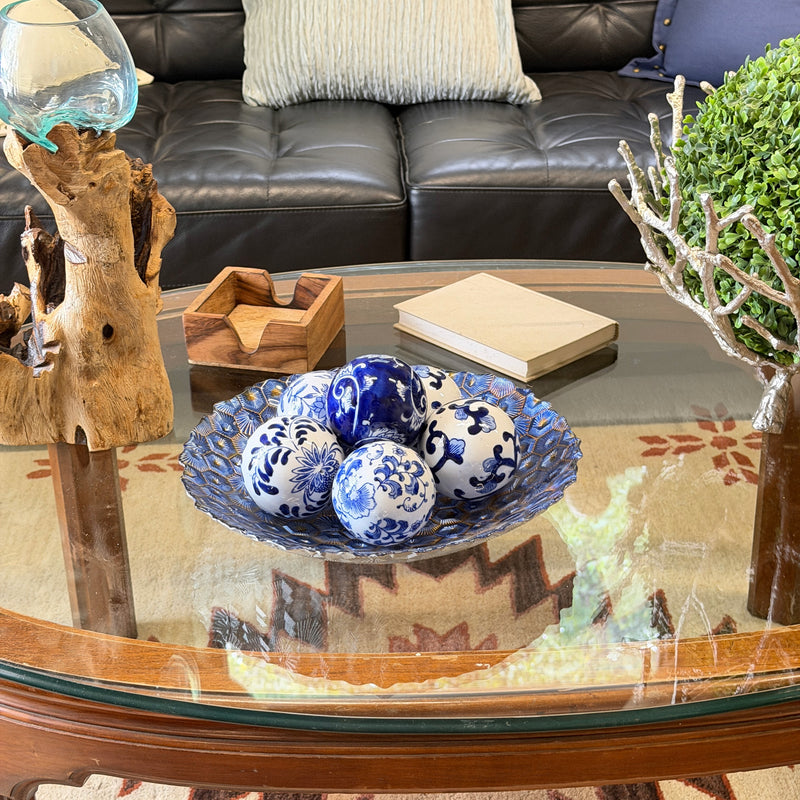 6 Piece Set of Blue and White Toile Inspired Decorative Spheres 3 Inch Image 5