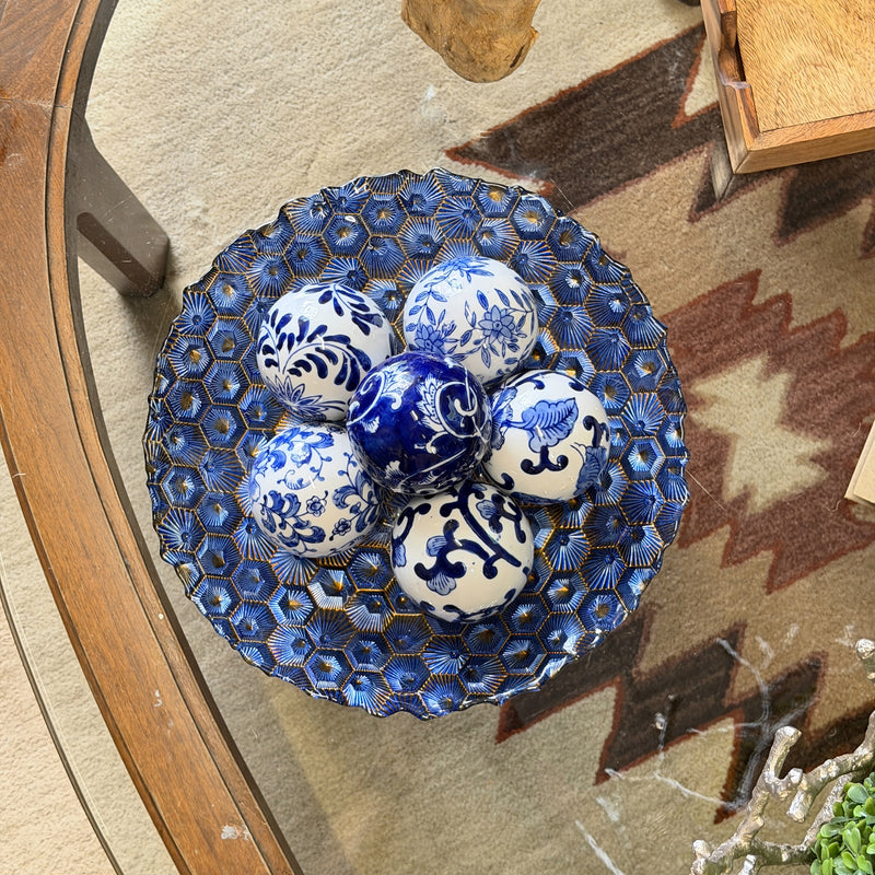 6 Piece Set of Blue and White Toile Inspired Decorative Spheres 3 Inch Image 7