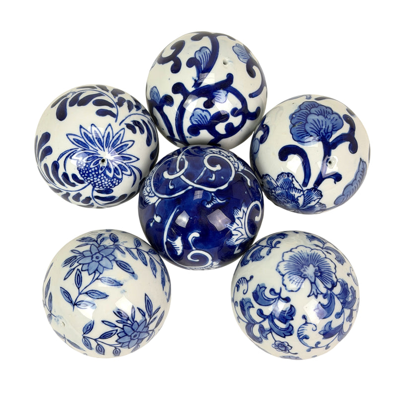6 Piece Set of Blue and White Toile Inspired Decorative Spheres 3 Inch Image 1