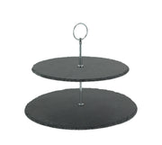 Two-Tier Round Slate Stone and Chromed Metal Country Farmhouse Serving and Display Tray for Elegant Rustic Kitchen and Dining