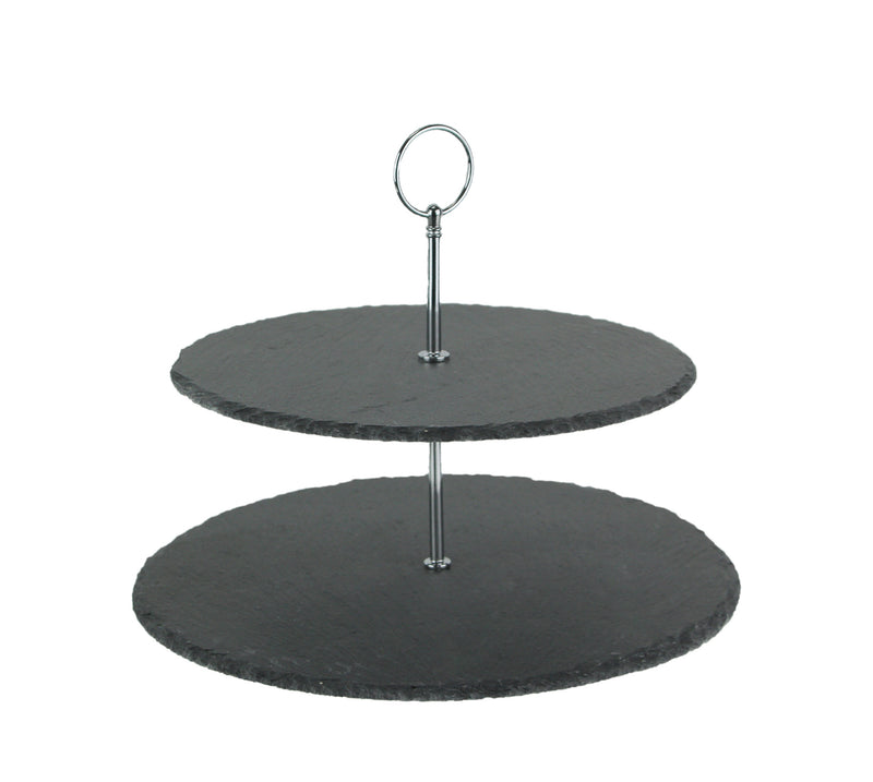 Two-Tier Round Slate Stone and Chromed Metal Country Farmhouse Serving and Display Tray for Elegant Rustic Kitchen and Dining