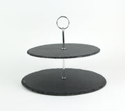 Two-Tier Round Slate Stone and Chromed Metal Country Farmhouse Serving and Display Tray for Elegant Rustic Kitchen and Dining
