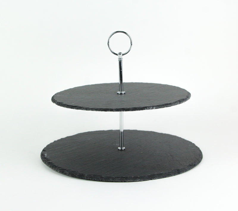 Two-Tier Round Slate Stone and Chromed Metal Country Farmhouse Serving and Display Tray for Elegant Rustic Kitchen and Dining
