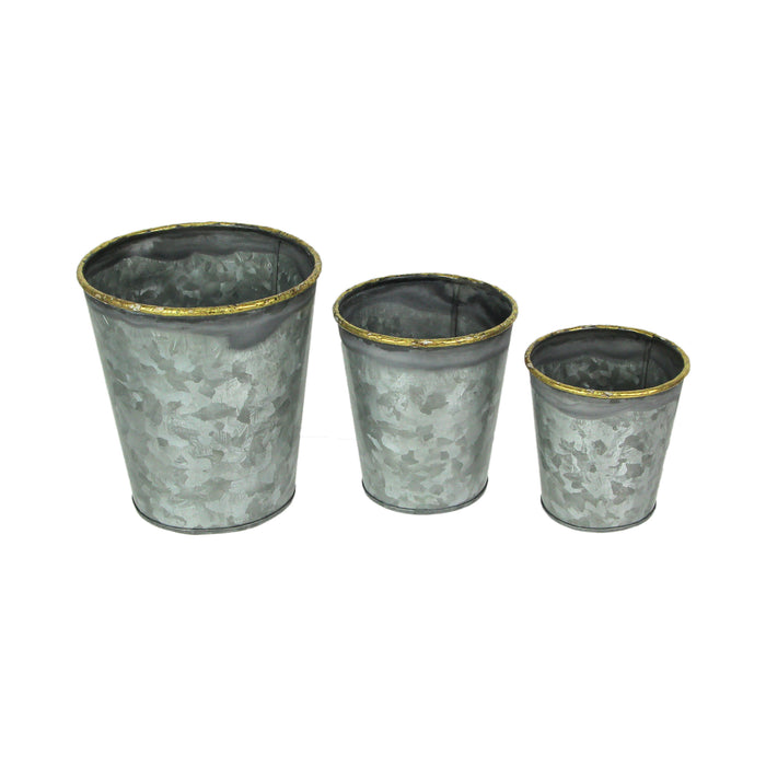 Set of 3 Rustic Galvanized Grey Zinc Finish Metal Buckets, Featuring Hand-Painted Metallic Gold Rims for Stylish and