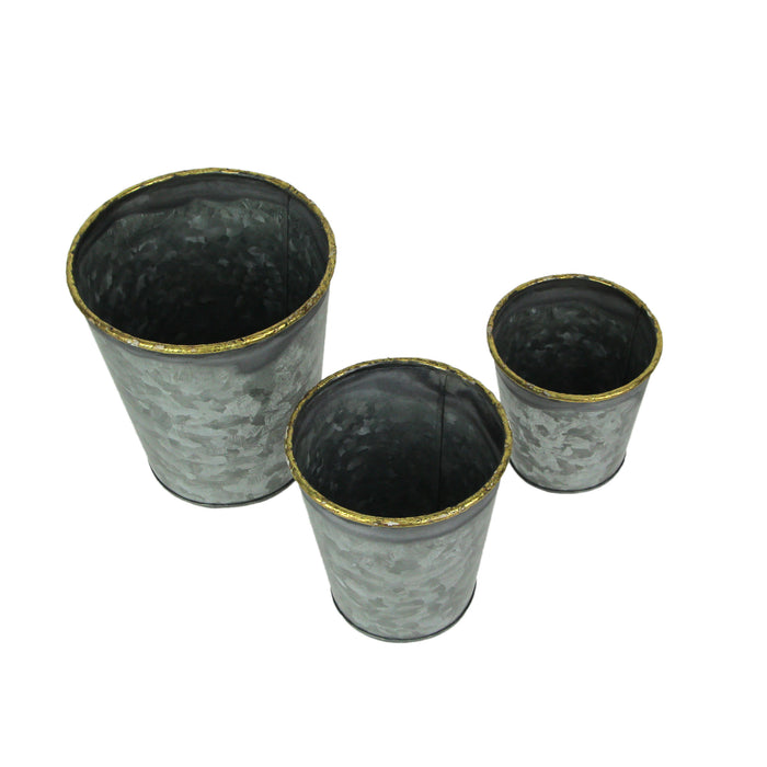 Set of 3 Rustic Galvanized Grey Zinc Finish Metal Buckets, Featuring Hand-Painted Metallic Gold Rims for Stylish and