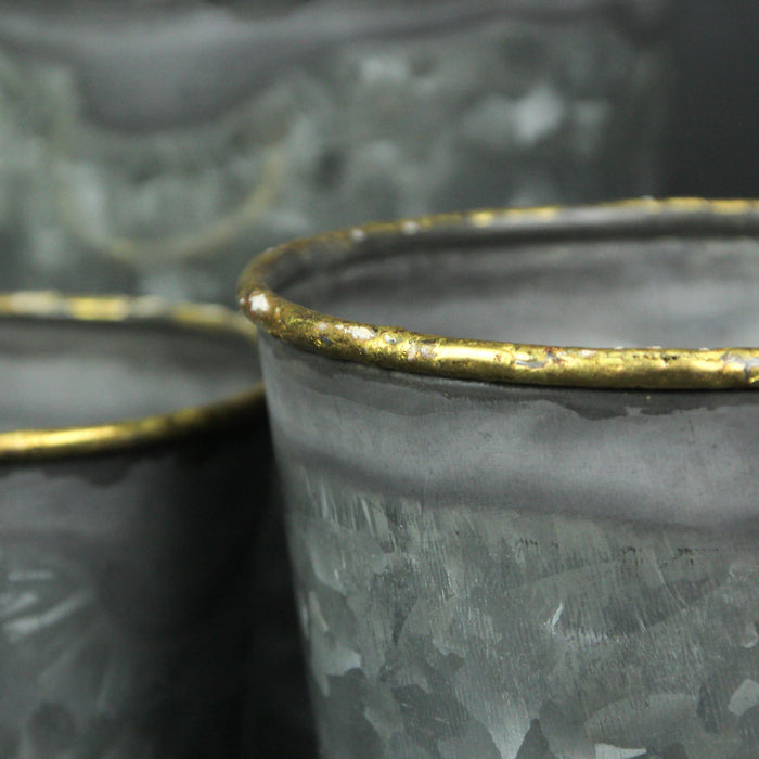 Set of 3 Rustic Galvanized Grey Zinc Finish Metal Buckets, Featuring Hand-Painted Metallic Gold Rims for Stylish and