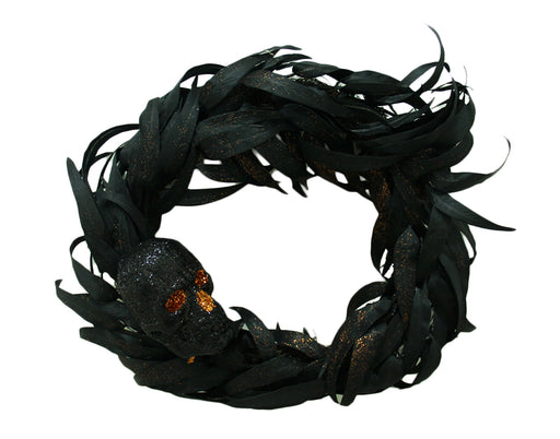 Black Feather 17 Inch Diameter Halloween Wreath with Striking Skull Accent, Ideal for Front Door, Wall, or Window Decor,