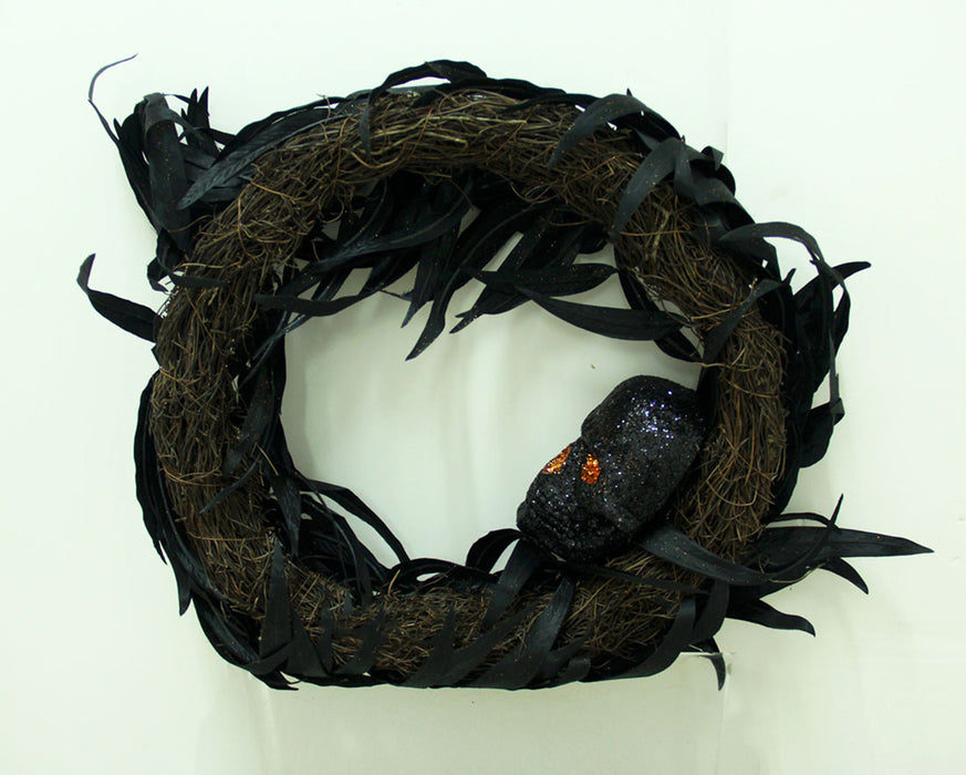 Black Feather 17 Inch Diameter Halloween Wreath with Striking Skull Accent, Ideal for Front Door, Wall, or Window Decor,