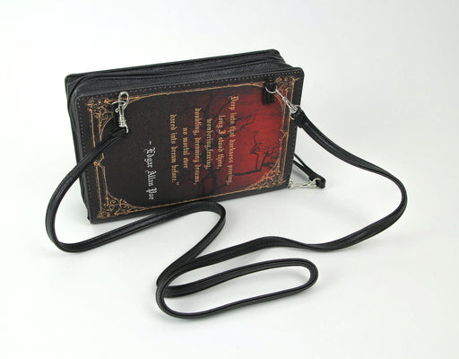 The Raven Book-Shaped Novelty Clutch Purse in Black Vinyl - Comes With Wrist Strap - A Gothic Crossbody Handbag Inspired by