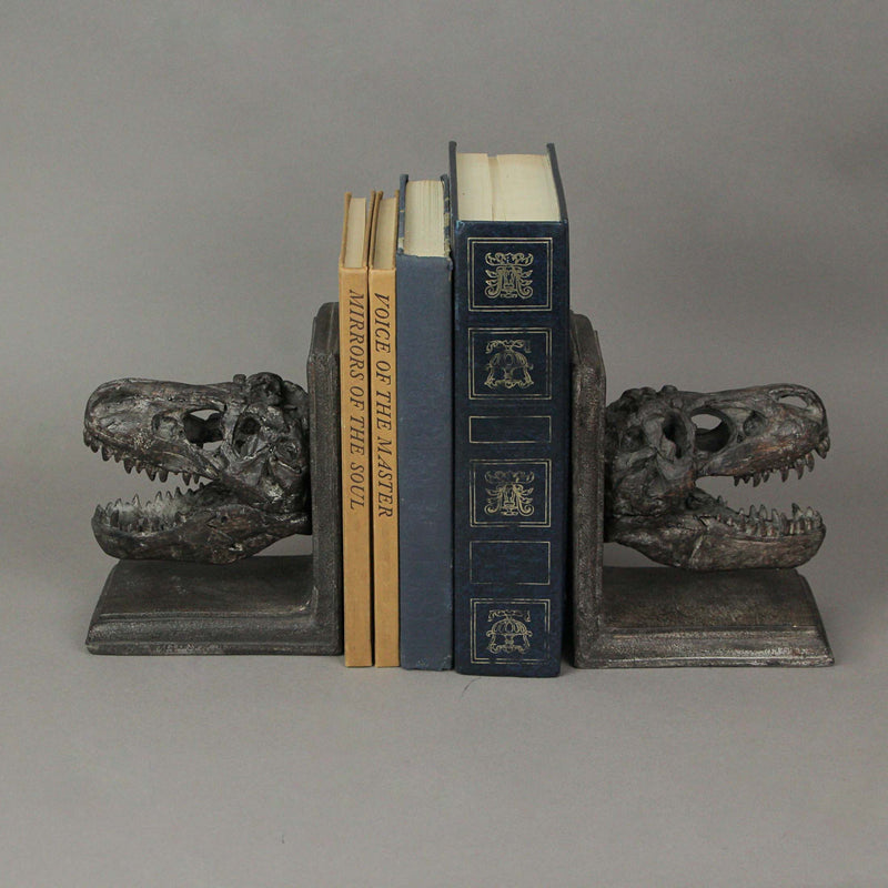 Pair of 6.5-Inch High Brown Resin Tyrannosaurus Rex Skull Faux Fossil Bookends - Real-Looking Dinosaur-Themed Table or Shelf