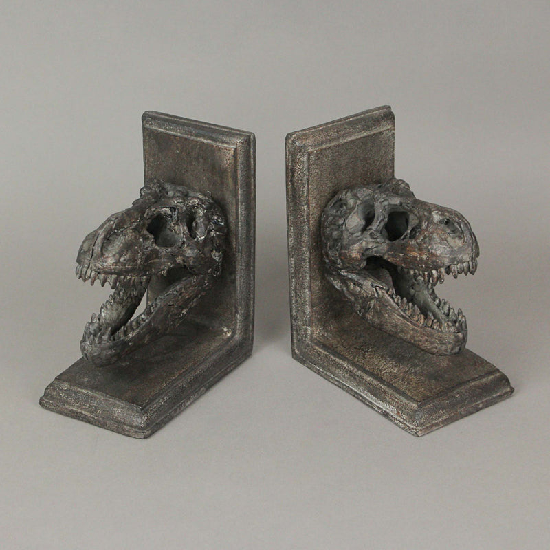 Pair of 6.5-Inch High Brown Resin Tyrannosaurus Rex Skull Faux Fossil Bookends - Real-Looking Dinosaur-Themed Table or Shelf