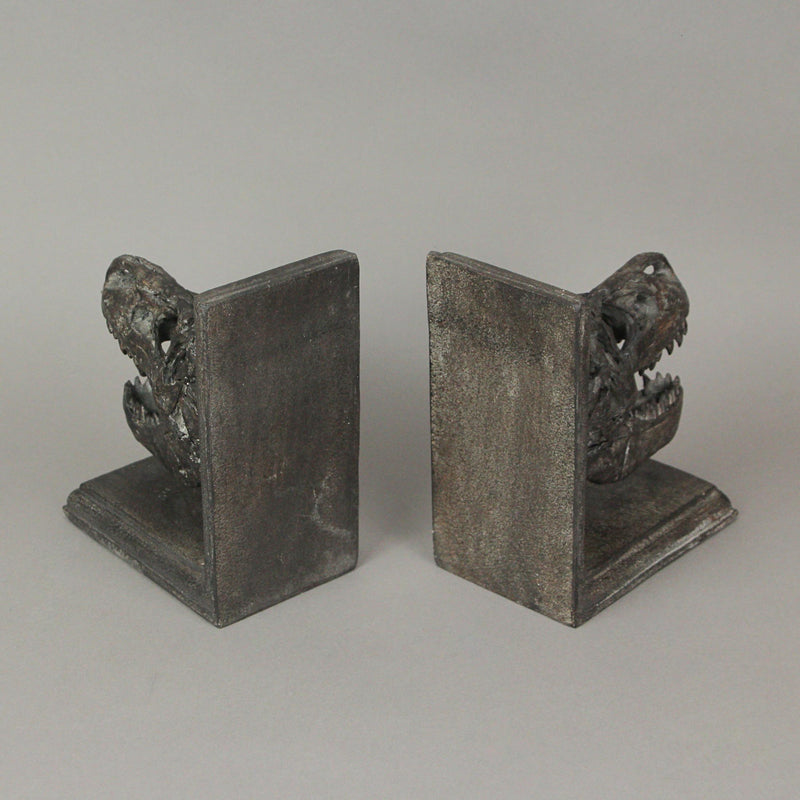 Pair of 6.5-Inch High Brown Resin Tyrannosaurus Rex Skull Faux Fossil Bookends - Real-Looking Dinosaur-Themed Table or Shelf