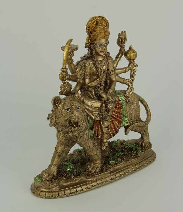 Goddess Durga, the Divine Protector Bronze Finish Resin Statue - Hindu Mother Goddess Riding a Tiger, Symbolizing Strength,