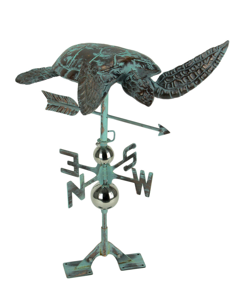 Verdigris Patina Metal Sea Turtle Weathervane with Roof Mount Image 1