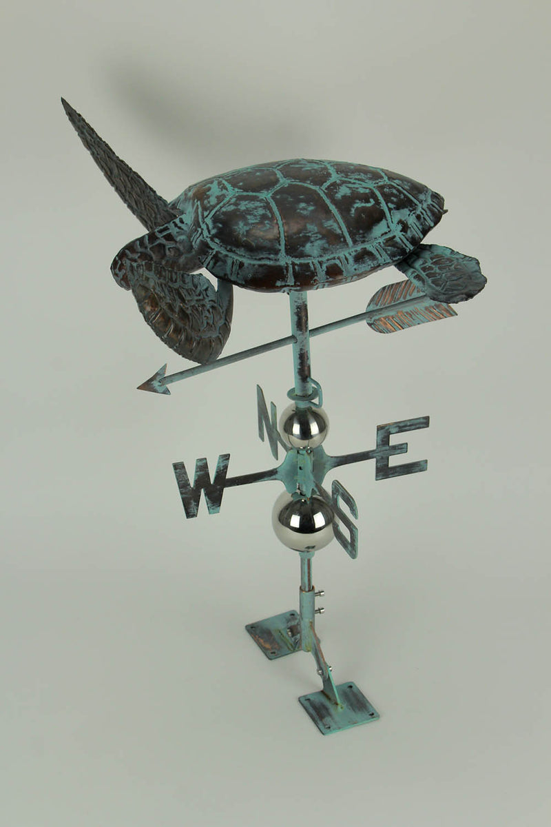 Verdigris Patina Metal Sea Turtle Weathervane with Roof Mount Image 2