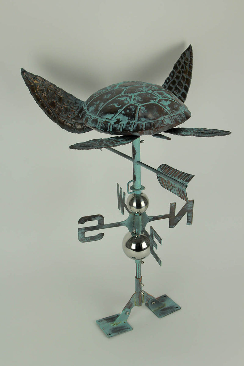 Verdigris Patina Metal Sea Turtle Weathervane with Roof Mount Image 3