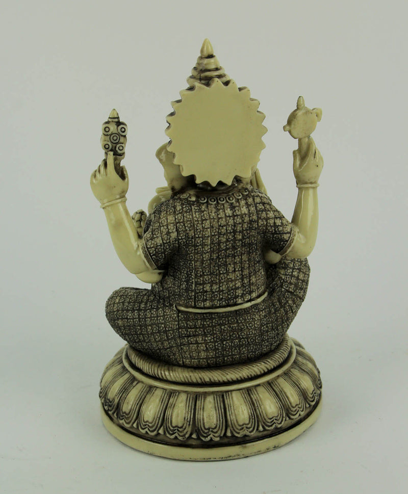 Exquisite Antique White Finish Hindu Elephant God Ganesh Seated on Lotus Flower Resin Statue, 9.25 Inches High: Symbol of