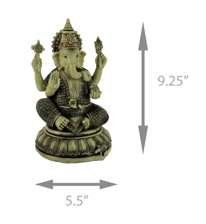 Exquisite Antique White Finish Hindu Elephant God Ganesh Seated on Lotus Flower Resin Statue, 9.25 Inches High: Symbol of