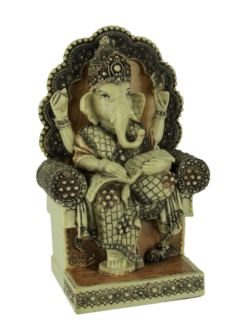 Antique White Hindu Elephant God Ganesh Seated on Throne Resin Statue - Divine Presence - Ganesha Idol for Home, Office, or
