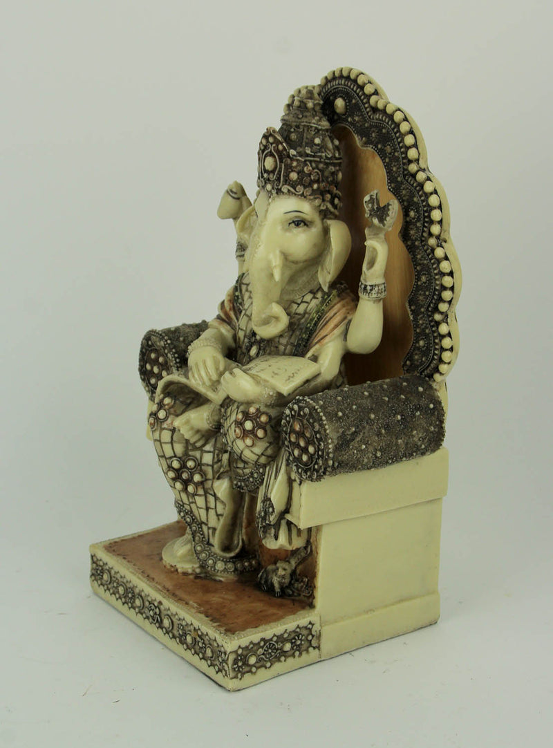 Antique White Hindu Elephant God Ganesh Seated on Throne Resin Statue - Divine Presence - Ganesha Idol for Home, Office, or