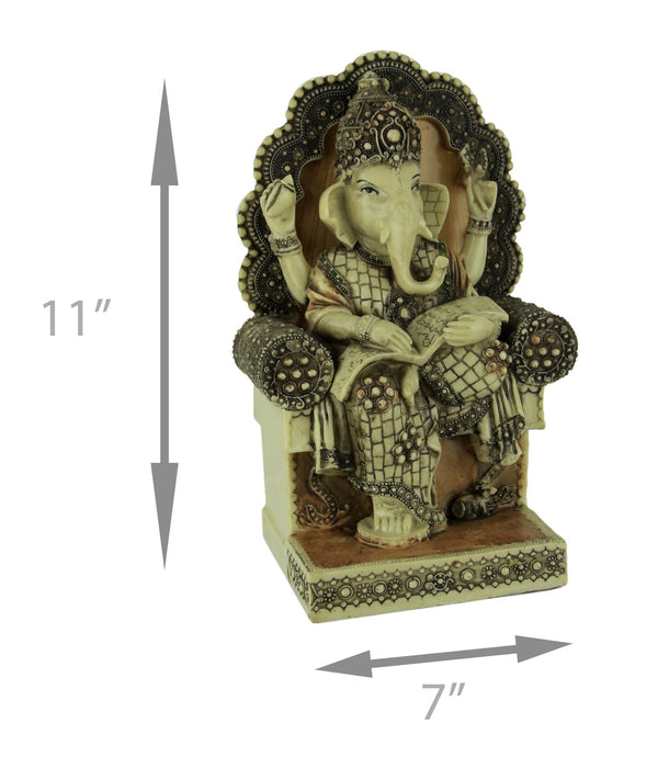 Antique White Hindu Elephant God Ganesh Seated on Throne Resin Statue - Divine Presence - Ganesha Idol for Home, Office, or