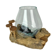 Driftwood Vase, 7.25 Inch Teak and Glass with Wood Mushrooms Image 1
