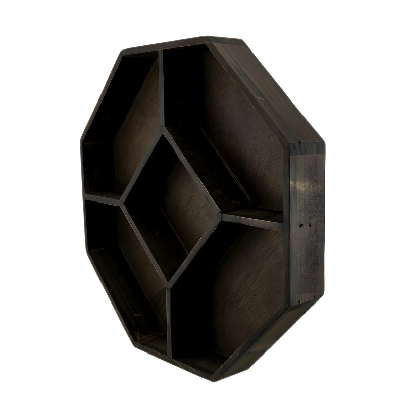 Dark Brown Wooden Geometric Hexagon Crystal Display Shelf Image 2