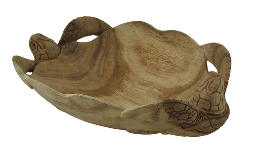 Hand-Carved Twin Sea Turtles Adorned Decorative Scallop Edge Wooden Bowl - Captivating Wood Ocean Decor Measuring 11 Inches
