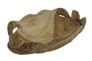 Hand-Carved Twin Sea Turtles Adorned Decorative Scallop Edge Wooden Bowl - Captivating Wood Ocean Decor Measuring 11 Inches