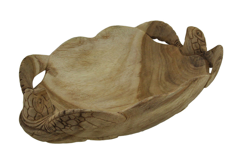 Hand-Carved Twin Sea Turtles Adorned Decorative Scallop Edge Wooden Bowl - Captivating Wood Ocean Decor Measuring 11 Inches