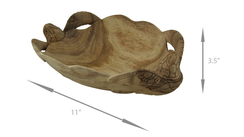 Hand-Carved Twin Sea Turtles Adorned Decorative Scallop Edge Wooden Bowl - Captivating Wood Ocean Decor Measuring 11 Inches