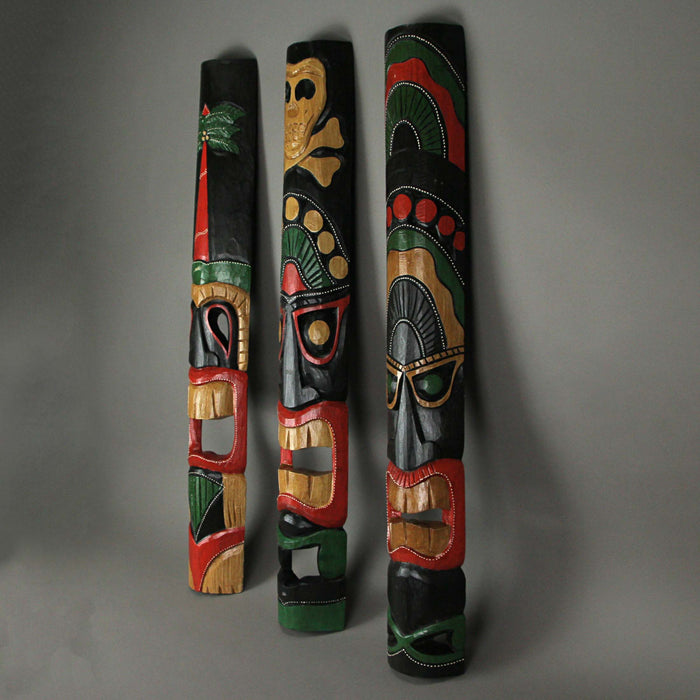 Set of 3 Hand Carved Polynesian Style Tiki Wall Hanging Masks - Unique 39.5-Inch Carvings for Home, Patio, or Tiki Bar Decor