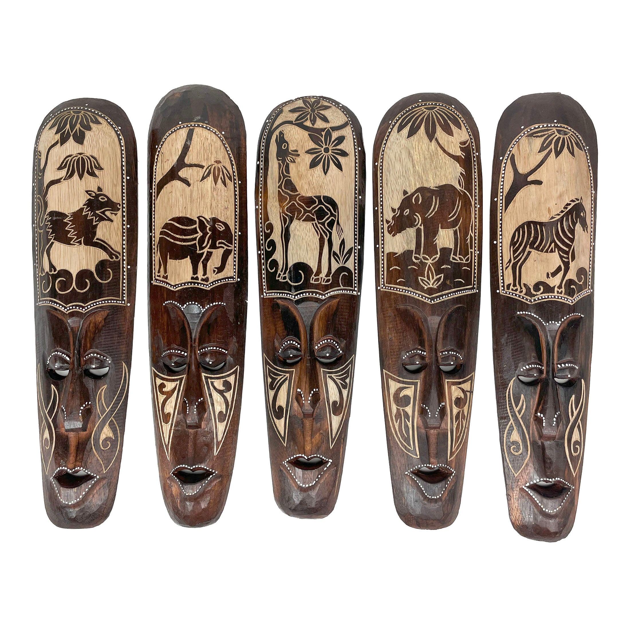 African Animal Wall Masks, Set of 5, Hand-Carved Wood Tribal Art