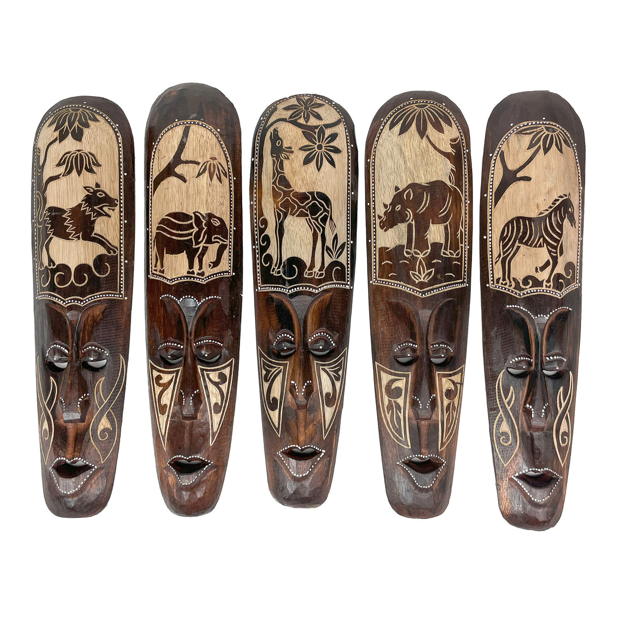African Animal Wall Masks, Set of 5, Hand-Carved Wood Tribal Art