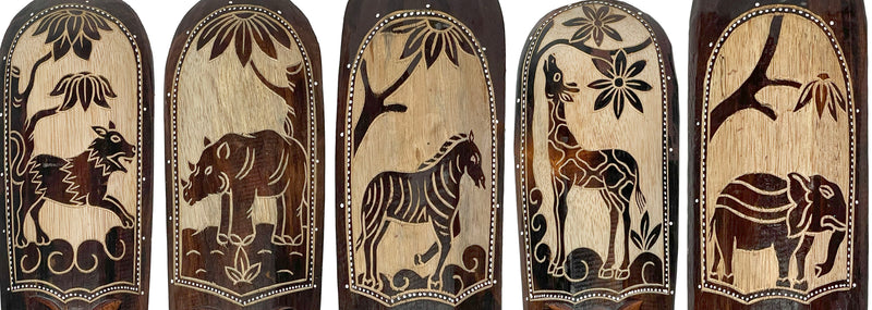 Artisan-Carved Set of 5 Hand-Crafted Wooden African Animal Wall Masks: Unique Tribal Art Sculptures - Each 20 Inches High -