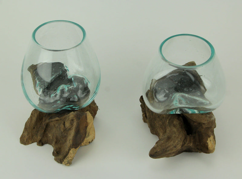 Set of 2 Molten Glass Vases on Teak Driftwood, 6.5 Inch Image 2