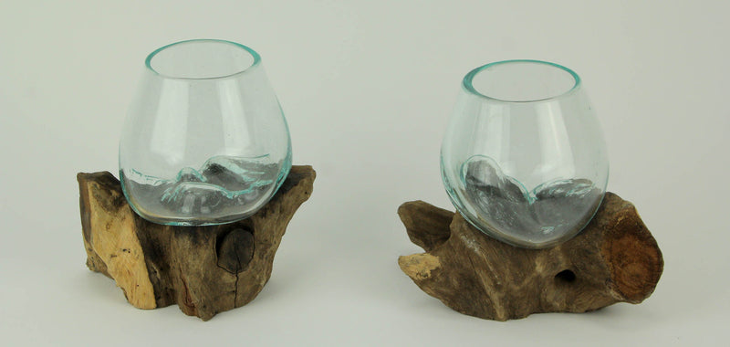 Set of 2 Molten Glass Vases on Teak Driftwood, 6.5 Inch Image 3