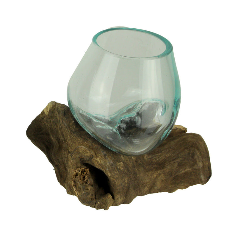Molten Glass on Teak Driftwood Decorative Sculptural Bowl, Vase, and Terrarium Planter - Approximately 5 Inches High Image 1