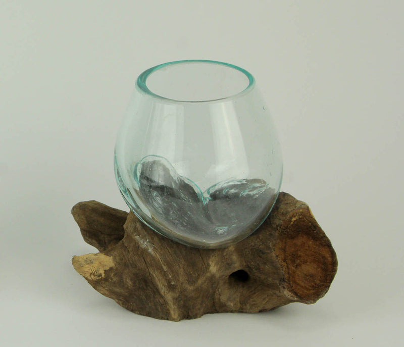 Molten Glass on Teak Driftwood Decorative Sculptural Bowl, Vase, and Terrarium Planter - Approximately 5 Inches High Image 3