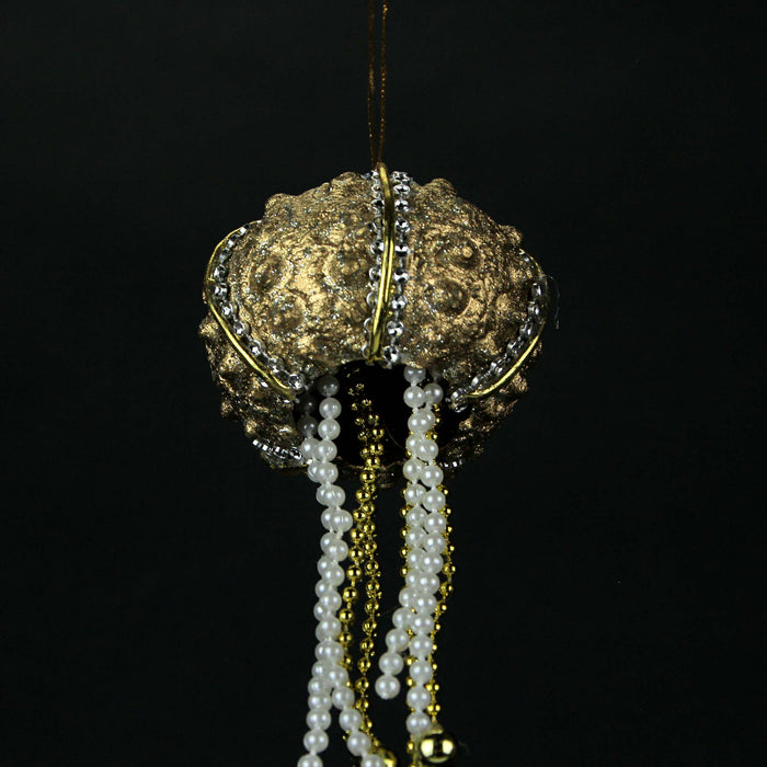 Set of 6 Elegant Golden Sea Urchin Shell Hanging Ornaments Beaded Accents Image 4