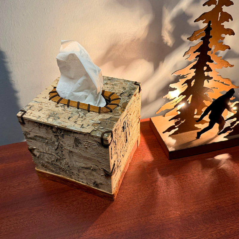 Things2die4 Square Birch Bark Tissue Box Cover, Wood Facial Tissue Holder with Natural Tan Finish, Rustic Freestanding Cover