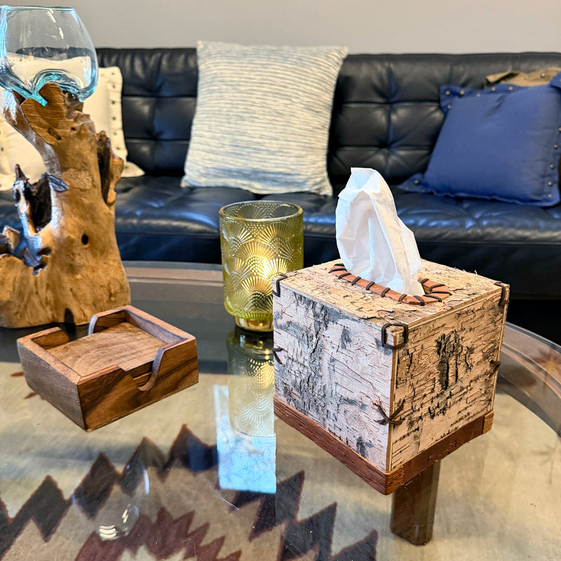 Things2die4 Square Birch Bark Tissue Box Cover, Wood Facial Tissue Holder with Natural Tan Finish, Rustic Freestanding Cover