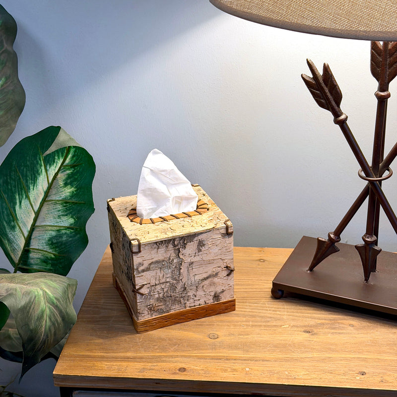 Things2die4 Square Birch Bark Tissue Box Cover, Wood Facial Tissue Holder with Natural Tan Finish, Rustic Freestanding Cover
