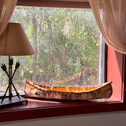 Zeckos Decorative Canoe Statue, 31 Inch Brown Freestanding Rustic Tabletop Sculpture with Natural Finish, Bark-Like Exterior