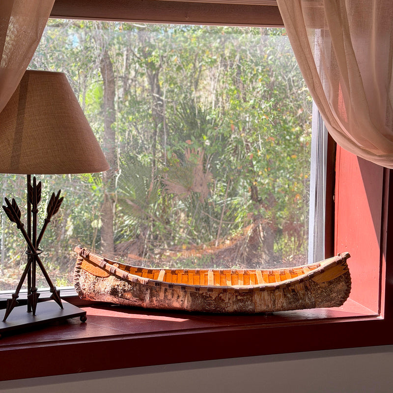 Zeckos Decorative Canoe Statue, 31 Inch Brown Freestanding Rustic Tabletop Sculpture with Natural Finish, Bark-Like Exterior